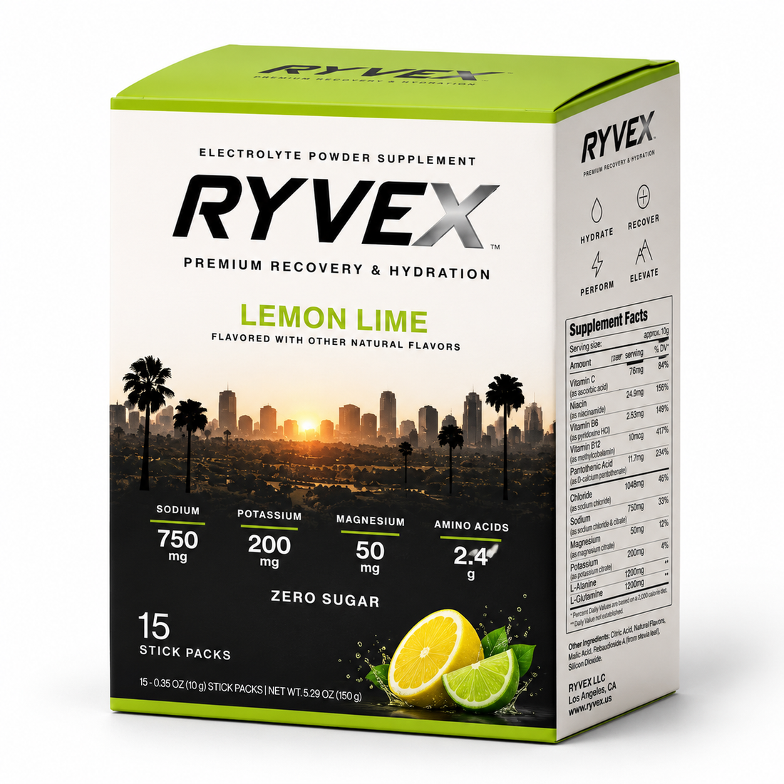 RYVEX Lemon Lime electrolyte powder packaging