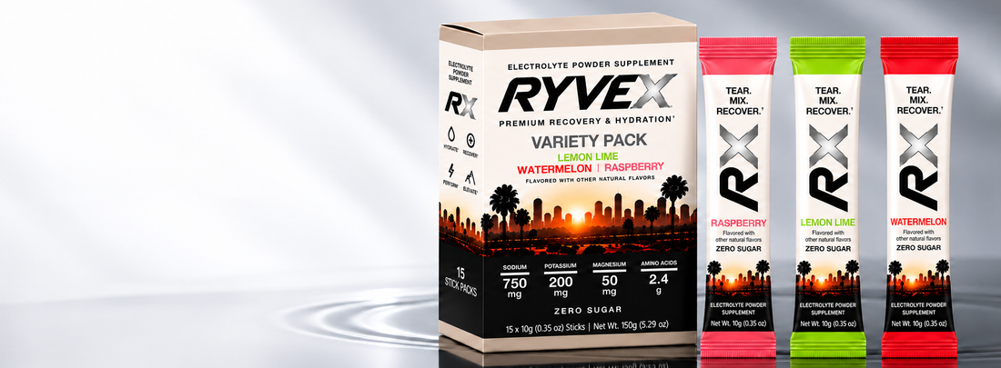 RYVEX Variety Pack box with Raspberry, Lemon Lime and Watermelon electrolyte sticks
