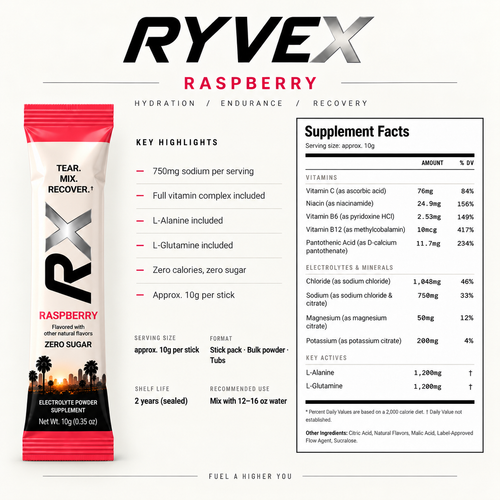 RYVEX Raspberry Electrolyte Powder - 15 Sticks